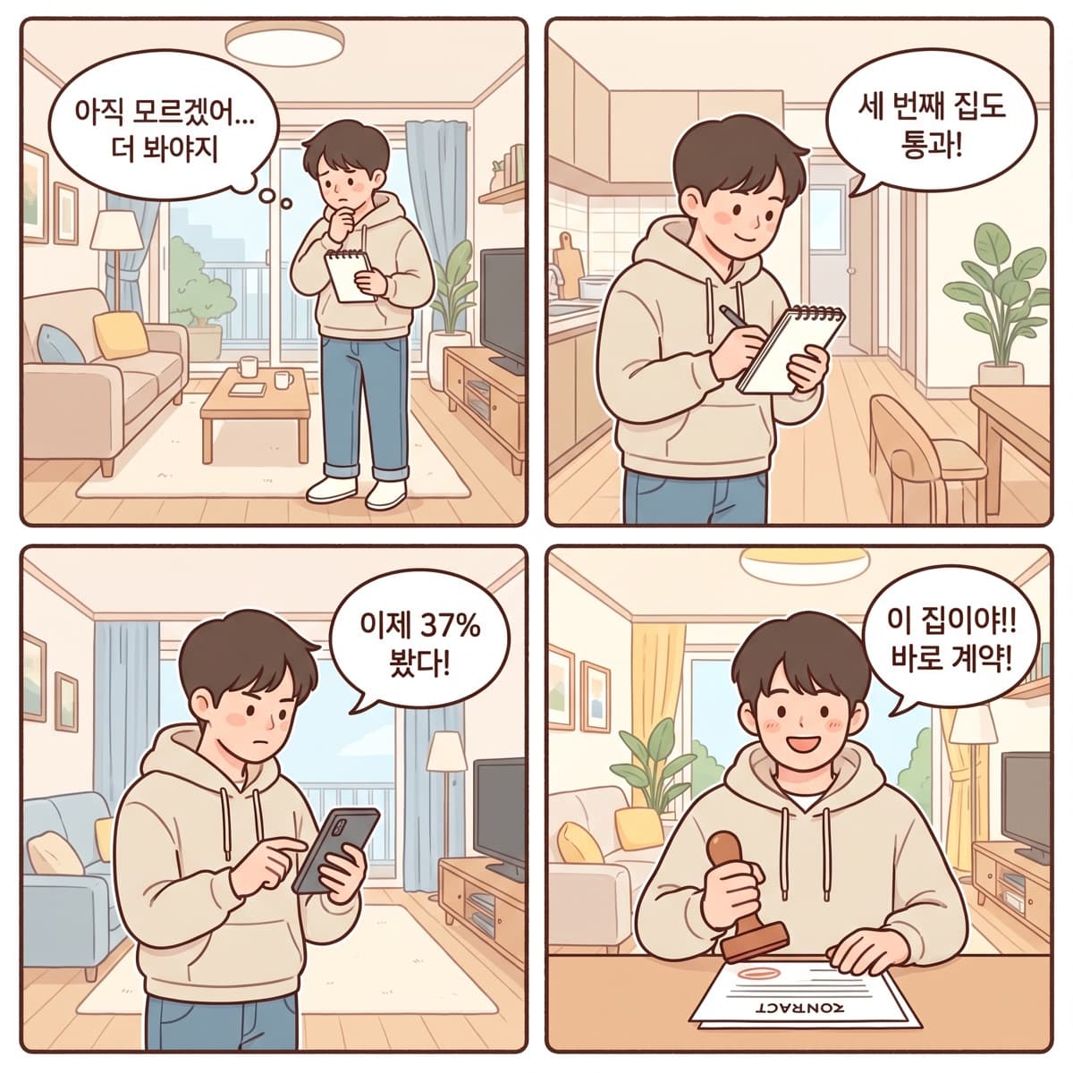 아파트 보러 다니는 한 청년 — 처음엔 관찰만, 37% 시점부터는 즉시 결단.