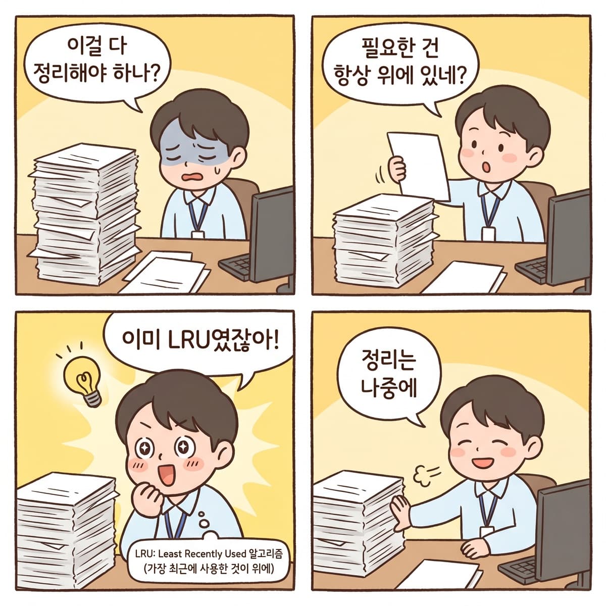 책상 종이 더미를 보며 죄책감 → 깨달음 — 사실 이미 LRU였다.