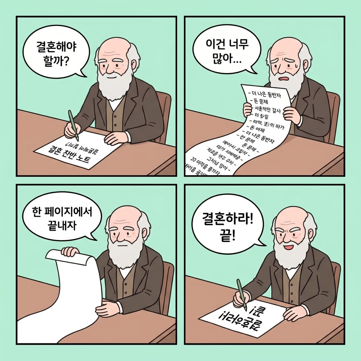 다윈의 결혼 결정 — 종이가 길어질수록 답은 흐려진다. 한 페이지에서 끝내라.