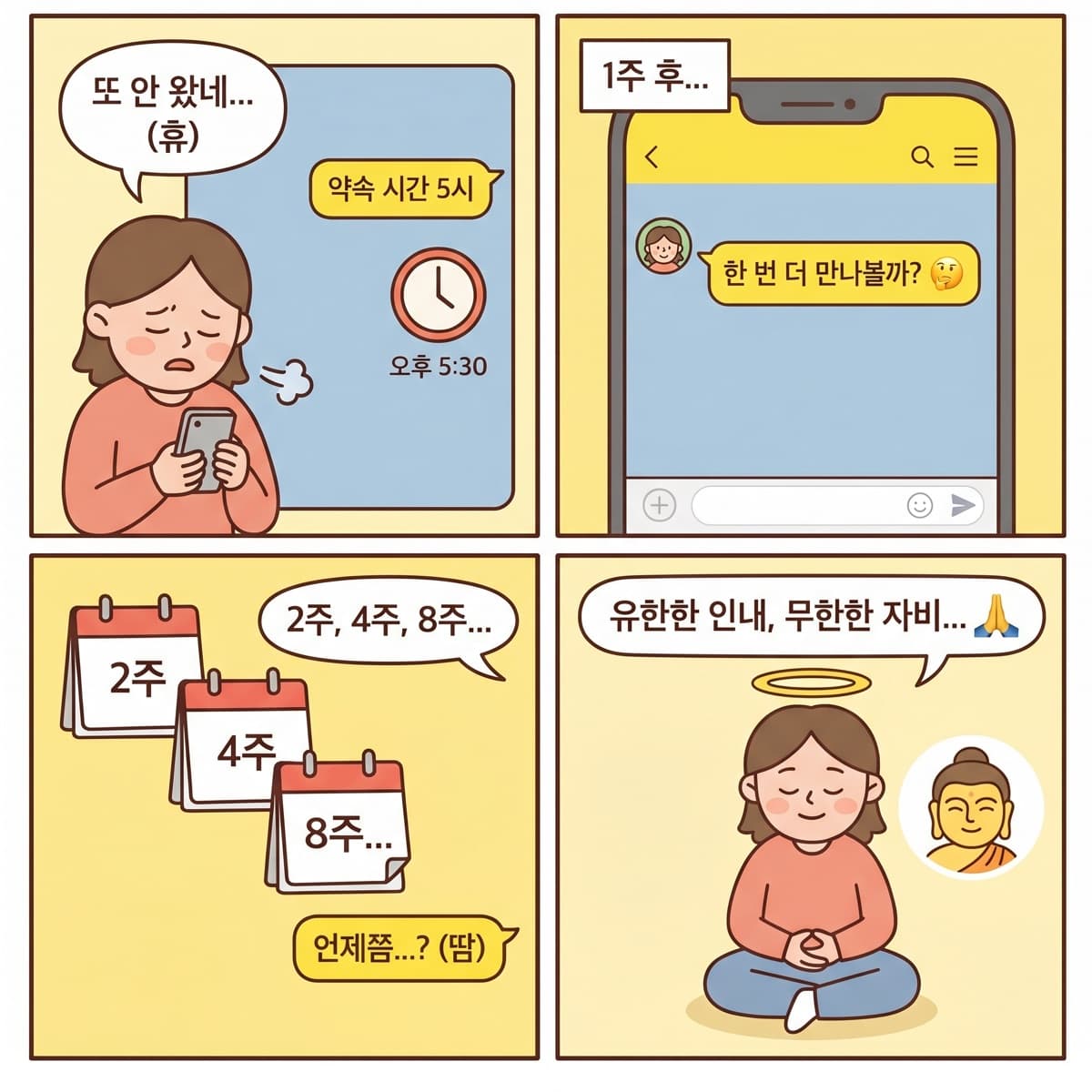 약속을 자꾸 어기는 친구 — 1주, 2주, 4주… 유한한 인내, 무한한 자비.