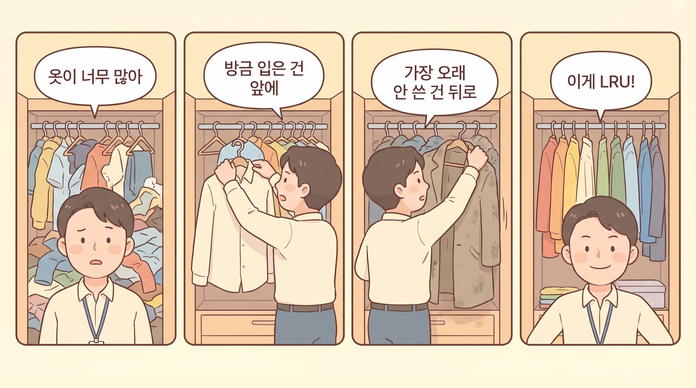 LRU 캐시 — 가장 오래 안 쓴 항목이 추방되고, 방금 쓴 것이 맨 앞으로 들어간다.