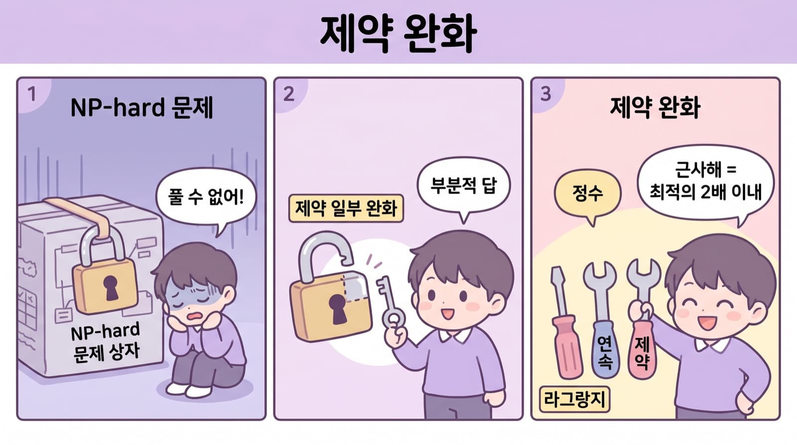 제약 완화의 3가지 도구 — 제약·연속·라그랑지. '풀 수 없는' 문제를 '비싼' 문제로 바꿔라.