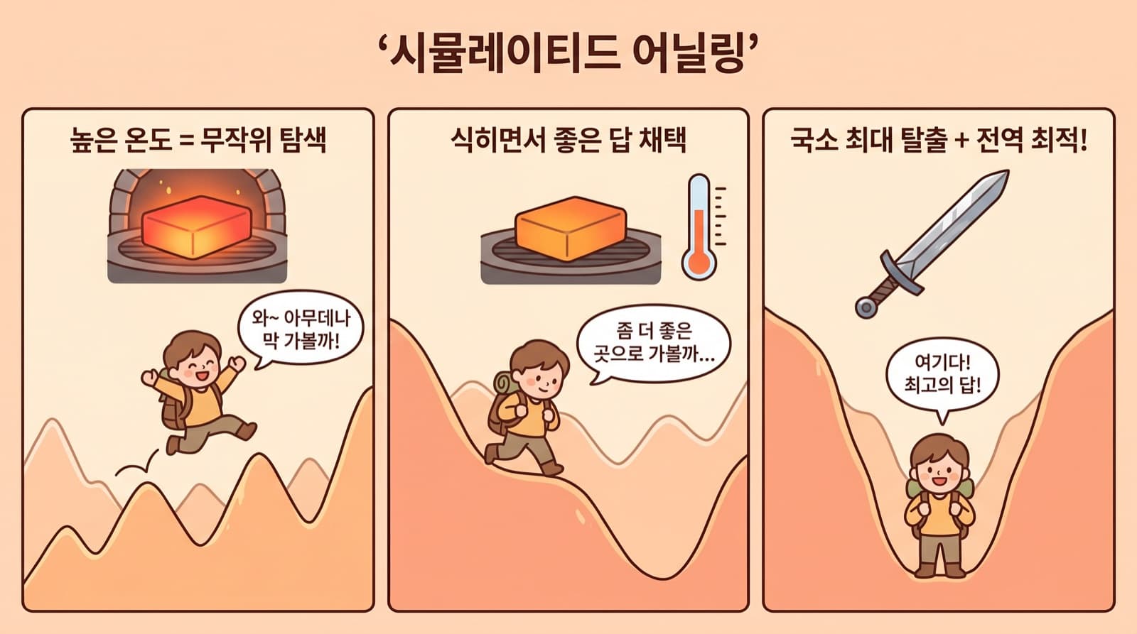 시뮬레이티드 어닐링 — 처음엔 뜨겁게 무작위 탐색, 점점 식히며 좋은 답에 수렴.
