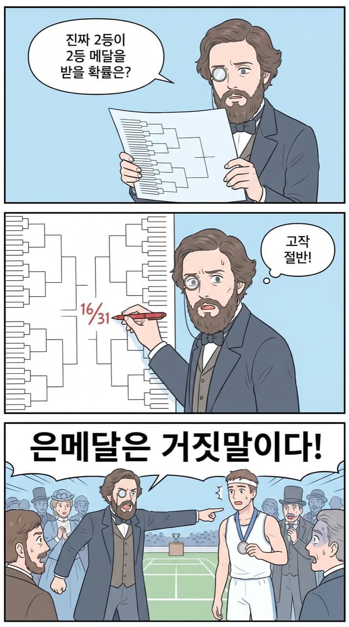 Lewis Carroll(Dodgson)의 발견 — 진짜 2등이 2등 메달을 받을 확률은 16/31.