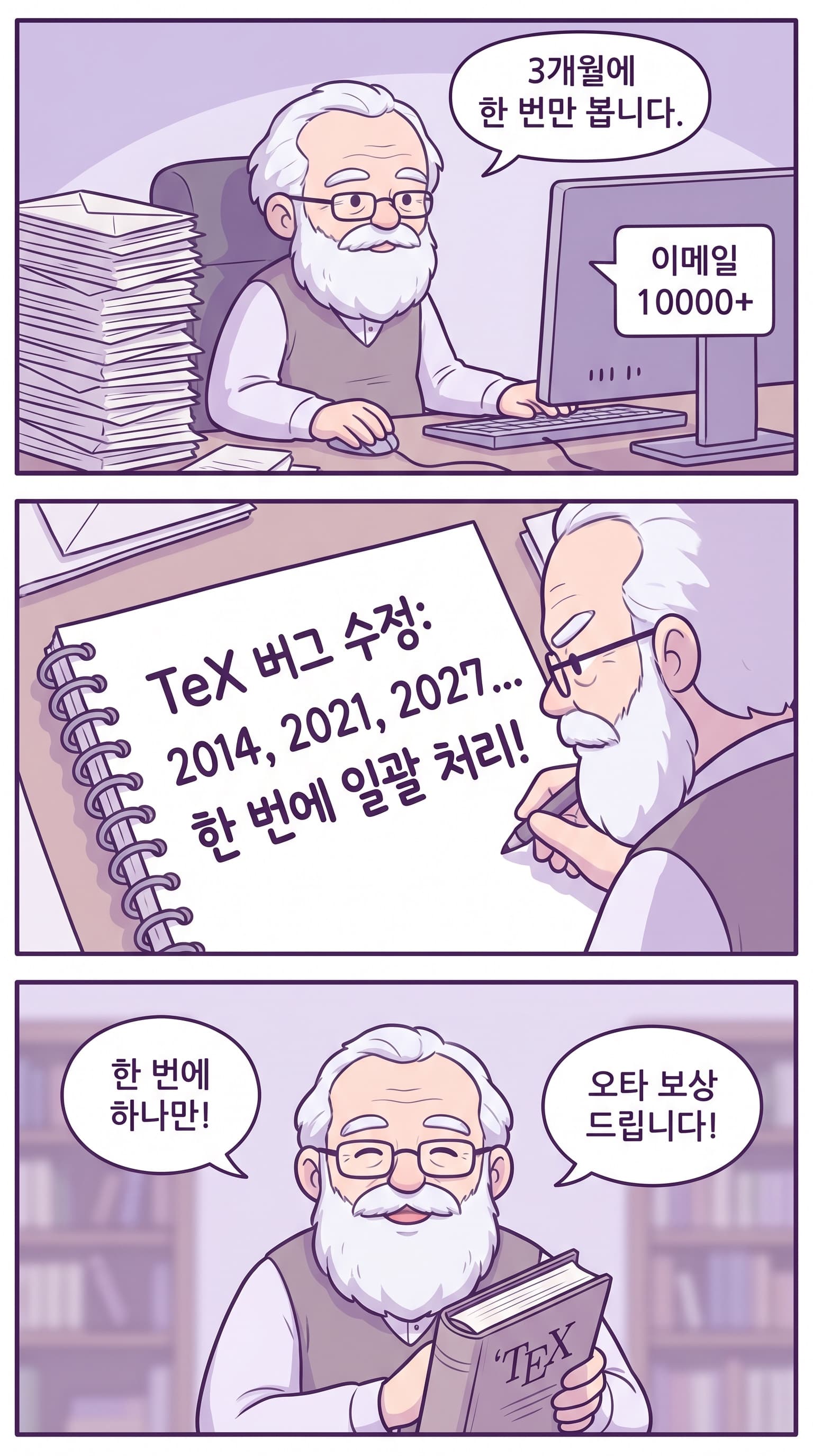 크누스의 일괄 처리 — 이메일은 6개월에 한 번, TeX 버그는 7년에 한 번.