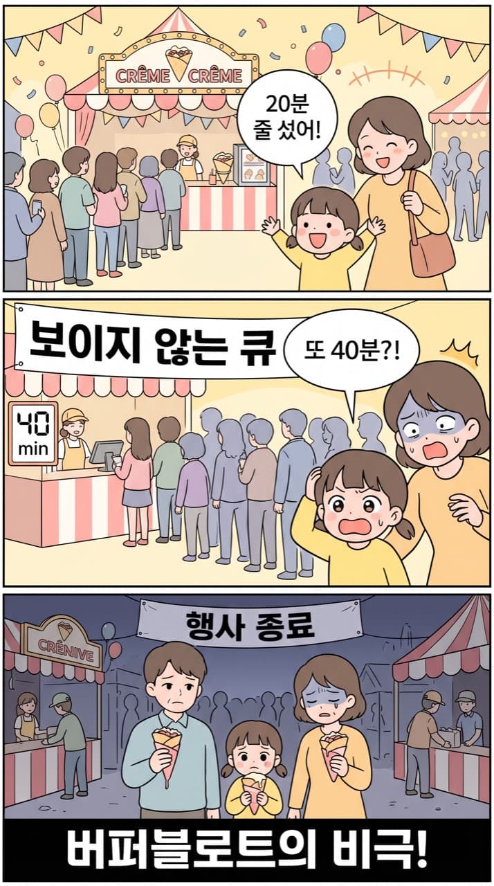 크레페 줄의 비극 — 보이지 않는 두 번째 큐(버퍼블로트)가 모든 걸 망친다.