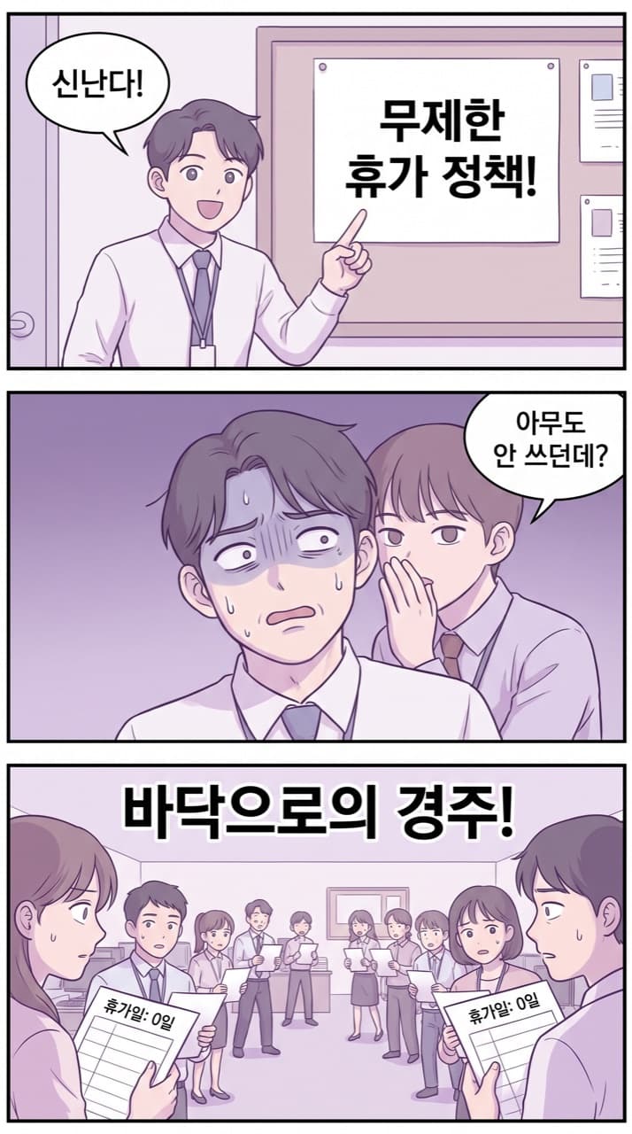 무제한 휴가의 함정 — 모두가 눈치 보다가 결국 0일이 균형이 된다(바닥 경쟁).
