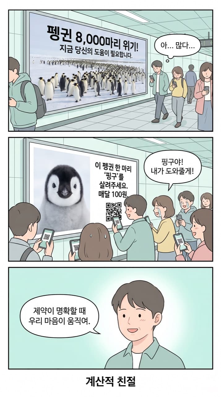 펭귄 8,000마리 vs 한 마리 — 인지 부담이 적을 때 사람들은 더 쉽게 행동한다.